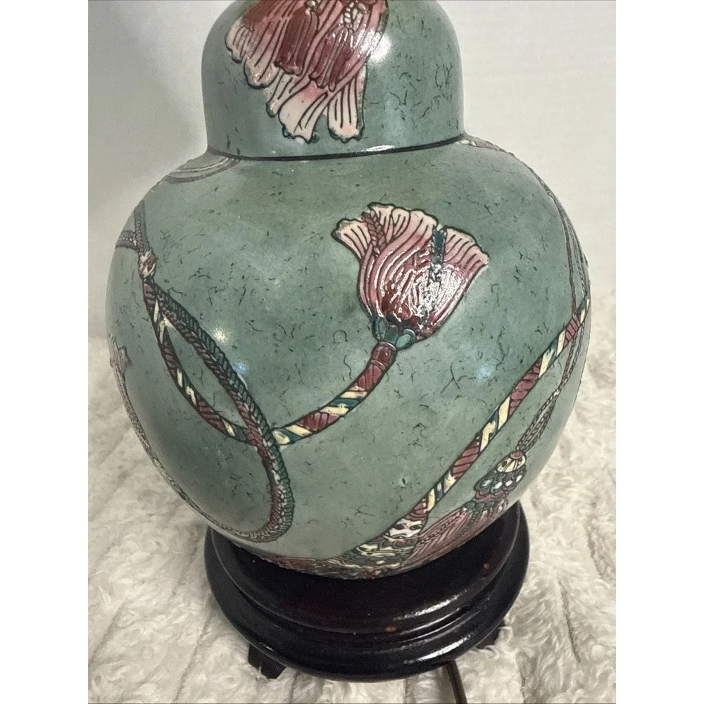 VTG Moss Teal Pink Tassel Asian Ginger Jar Tabletop Lamp Cottagecore & Shade